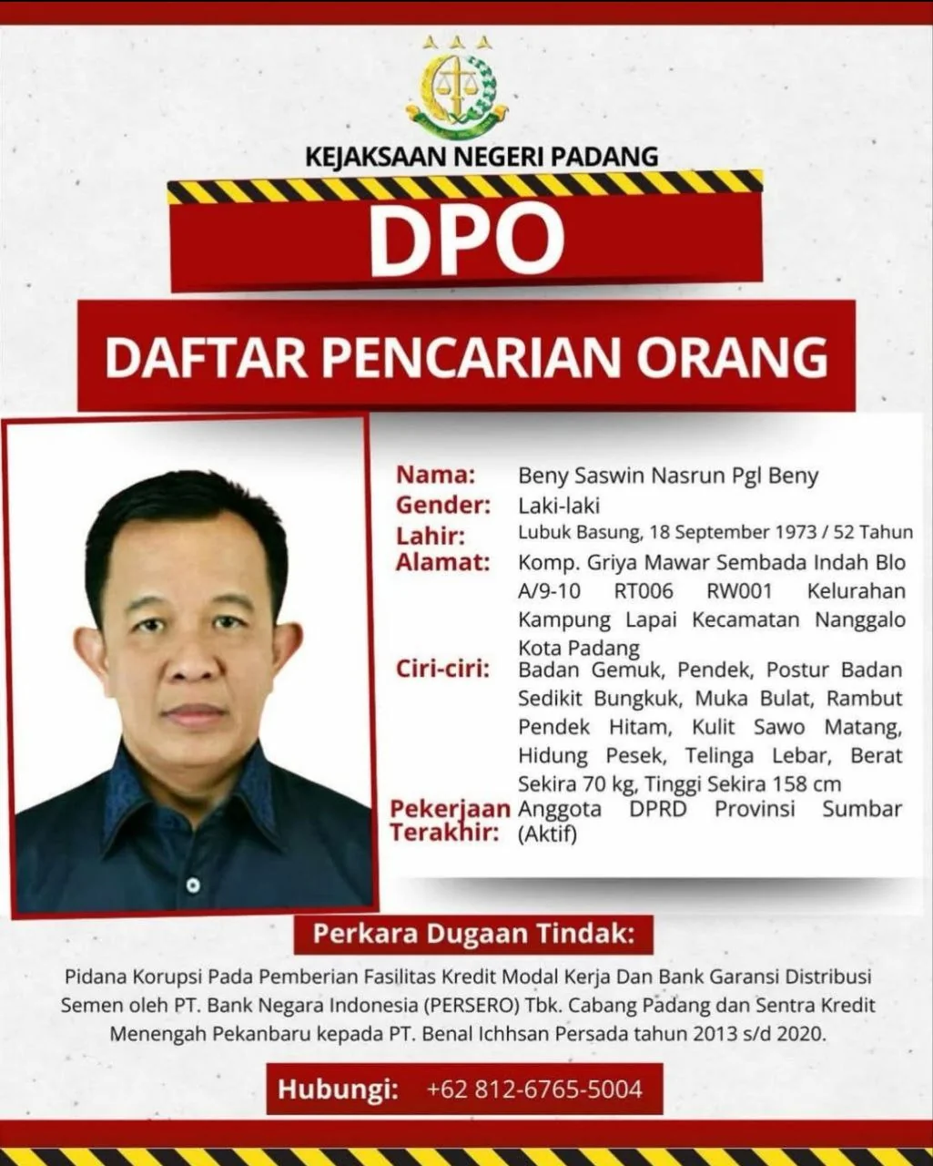 Anggota DPRD Sumbar Beny Saswin Nasrun Ditetapkan DPO, Kejari Padang Minta Bantuan Masyarakat